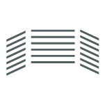 Three sections of rows of tables with the outer sections slanted towards the center of the room.