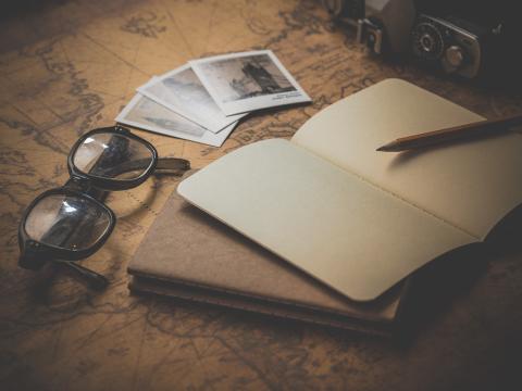 A pair of glasses, a few black-and-white photographs, an open book, and a pencil atop an old-looking map