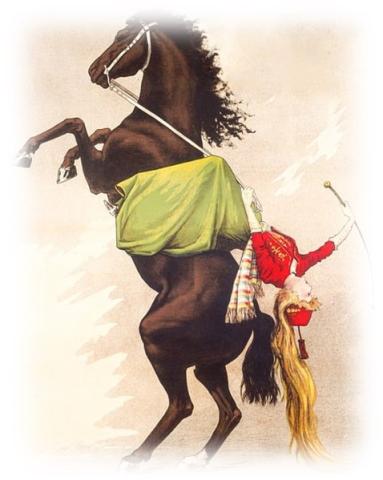 Circus performer riding horse leaning back