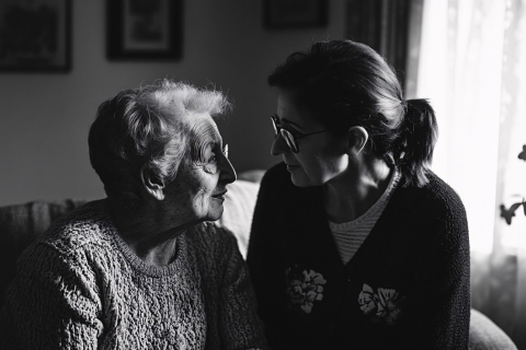 Senior woman talking with younger woman