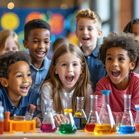 Children with flasks of colorful liquids