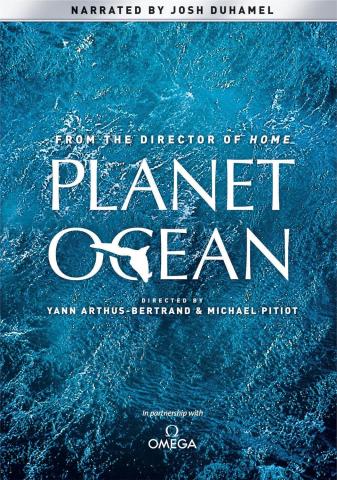 DVD cover for Planet Ocean -- white lettering on a background of blue water