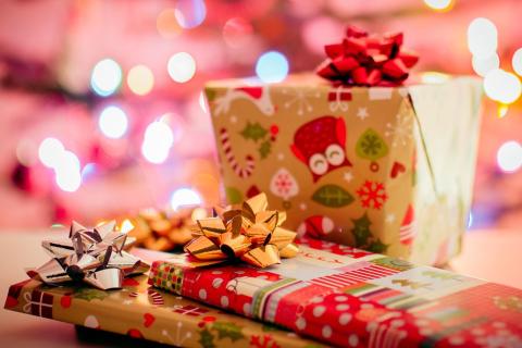 wrapped presents and muted lights