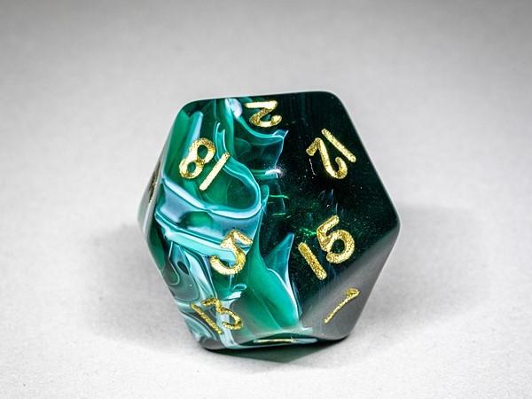 Green 20-sided die with gold numbers.