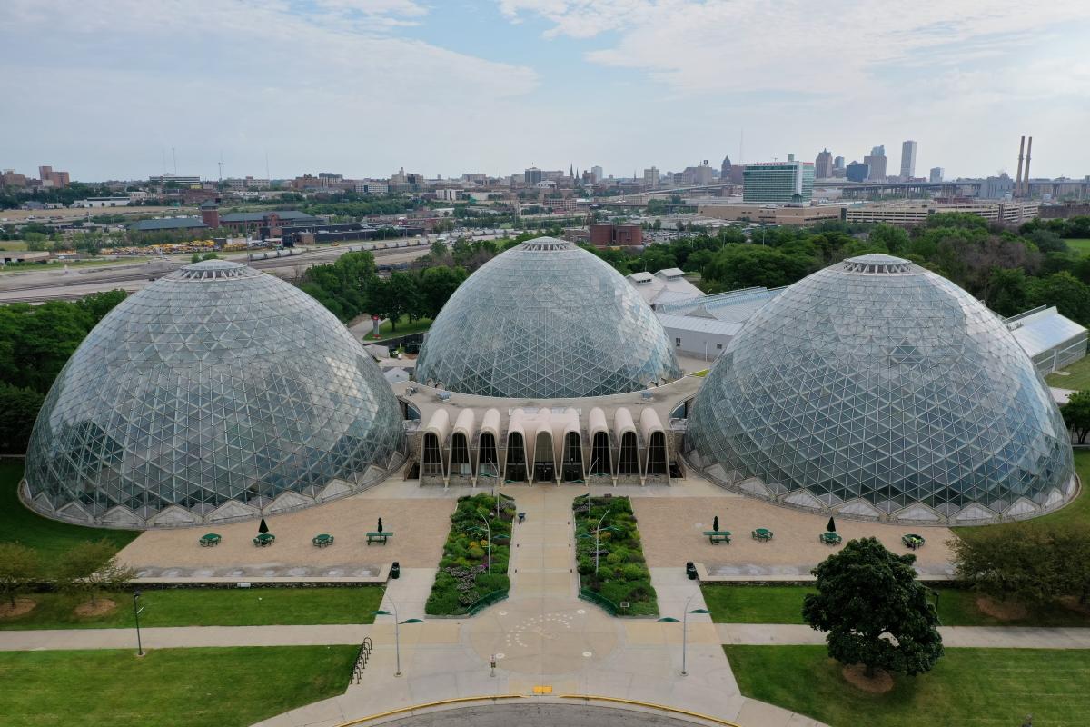 aerial view of Milwaukee's Mitchell Park Domes