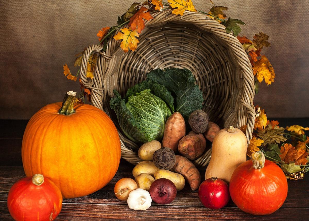 cornucopia with autumn leaves lining the edge filled with various vegetables copiously spilling out