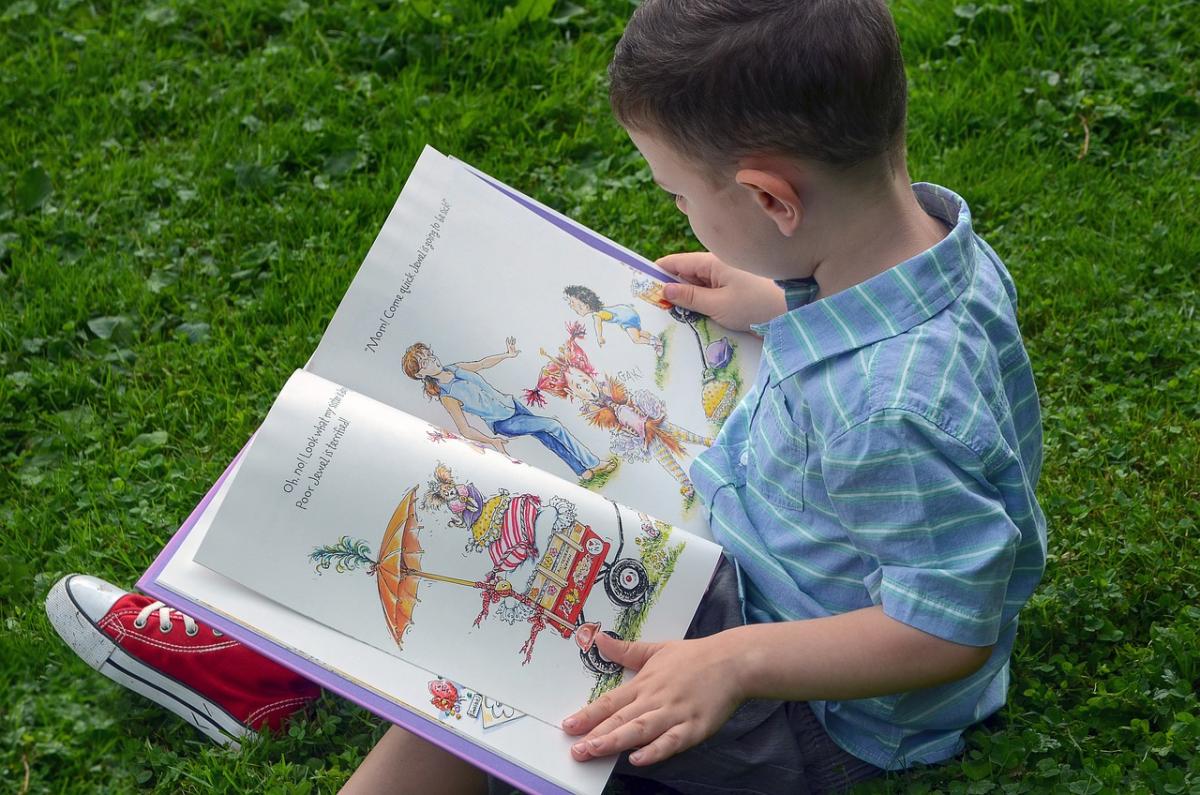 young boy with blue plaid shirt and red tennis shoes sitting on grass and reading a children's book