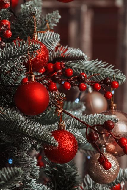 Red ornaments hanging in tree