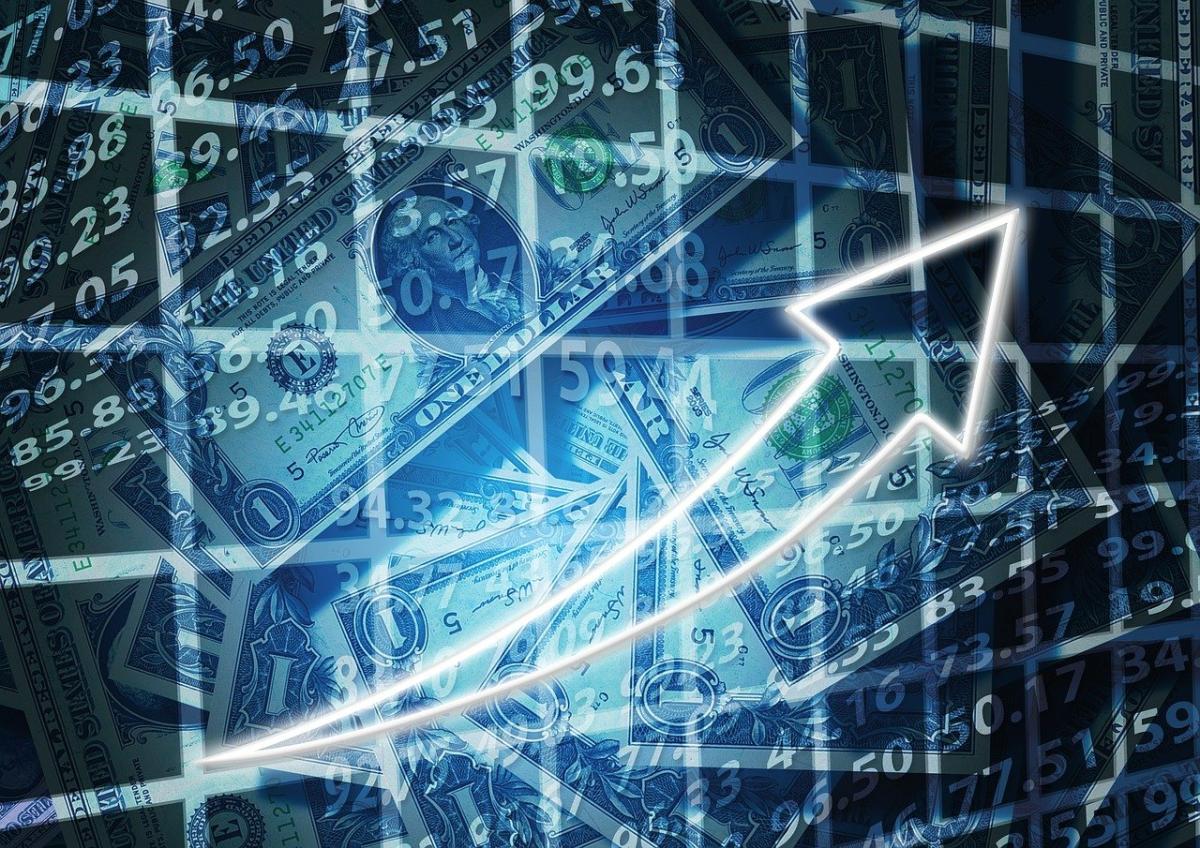 Digital illustration with dollar bills, an arrow curving upward, numbers, and gridlines.