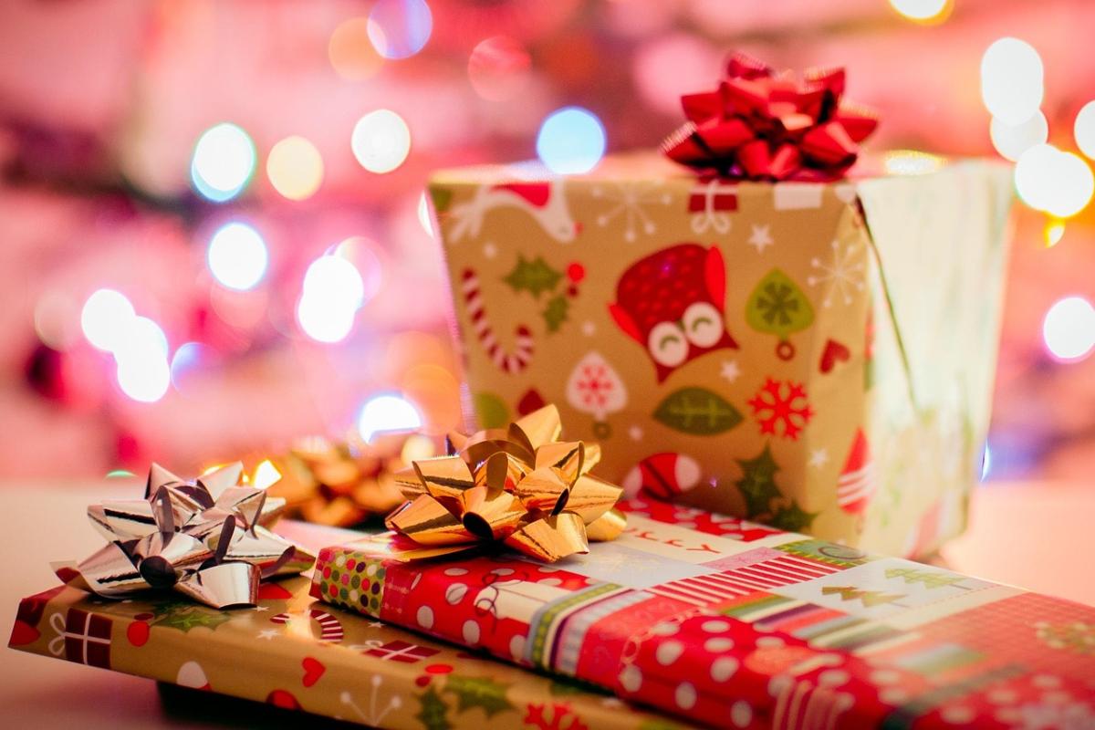 wrapped presents and muted lights