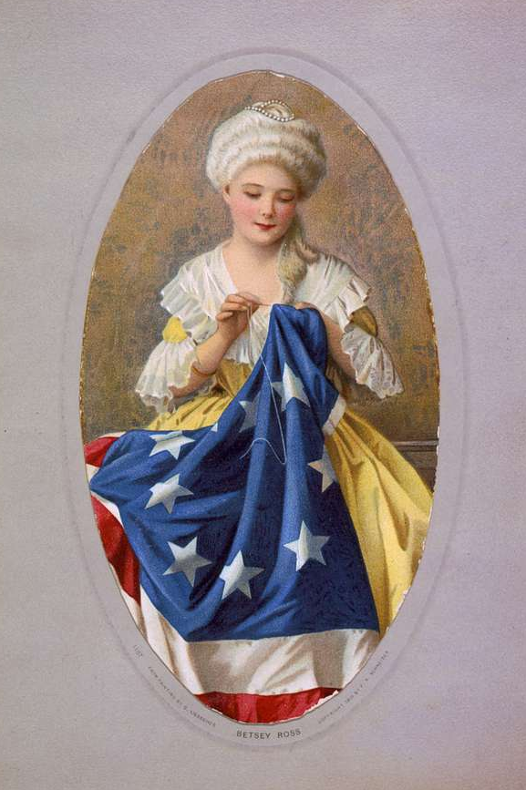 Betsy Ross sewing an American flag