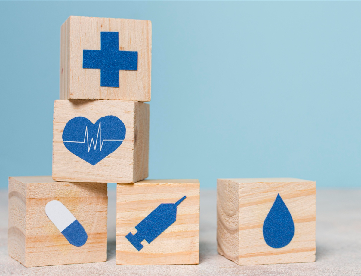 health iconography printed wooden blocks